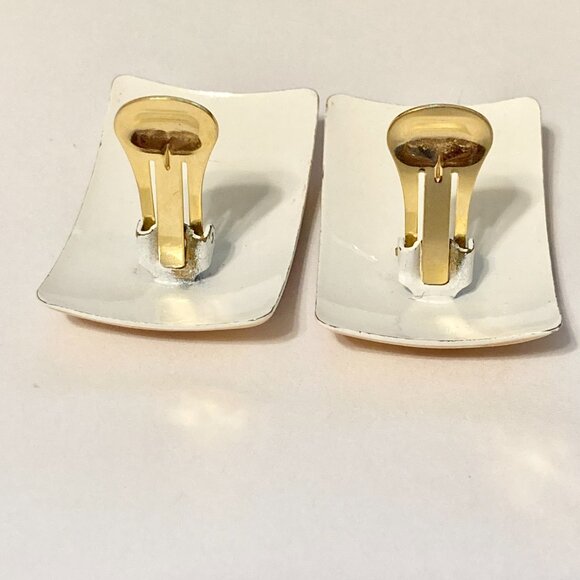 Vintage Cream Beige Copper Swirl Enamel Clip On Earrings 70s 80s Retro Fall - Picture 9 of 11